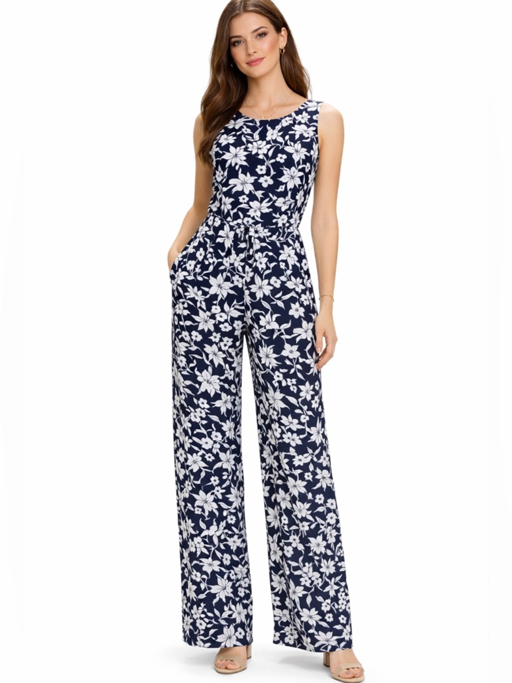 Lauren Ralph Lauren Lighthouse Floral Wide Leg Jumpsuit Navy White Size 10